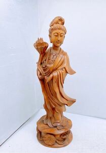 観音菩薩立像 重さ約1kg 高さ約42.5cm 細密彫 木製 仏像 骨董 置物 飾物 仏教美術 伝統工芸品 蓮花 オブジェ 繊細彫刻 コレクション 観音様