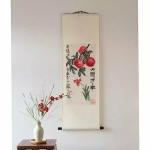 斉白石　植物画　桃　大寿万年　画仙紙使用　コレクション　中国古美術品　中国美術品　中国書画　復刻　掛軸　巻物