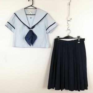 1円 セーラー服 スカート スカーフ 上下3点セット 160A 夏物 青1本線 女子 学生服 佐賀唐津東高校 水色 制服 中古 ランク:C EY3560