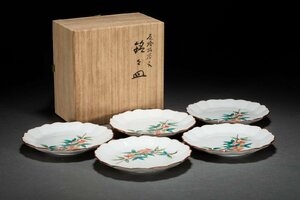 【善古堂】某有名オークション買入 時代物 九谷焼 美陶園 銘々皿 色絵皿五客 共箱 骨董品 古美術 0425-135S22