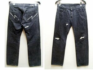 ◇即決[S]NEIGHBORHOOD 2002年 NARROW ナロー リペア ダメージ クラッシュ ブラック サベージデニム SAVAGE DCNH-PT-M05 パンツ■5621