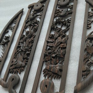 【送料込み】黒檀　透かし彫り飾り板4枚セット　管理番号（1604）デッドストック　木製彫刻　生地仕上