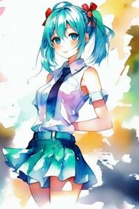 初音ミク 可愛い 女の子 少女 水着 ファンアート イラスト 水彩画紙 38