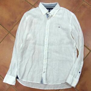 ☆TOMMY HILFIGER トミーヒルフィガー リネンシャツ 長袖シャツ 麻100% メンズ 春物 ボタンダウン 大きめサイズ XL 1円スタート