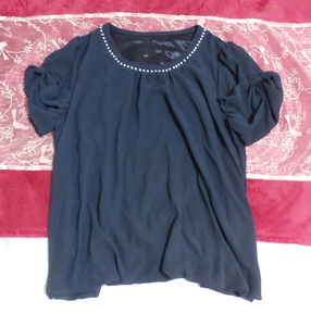 紺ネイビー宝飾付きフリルシフォン半袖チュニック/トップス Navy frill chiffon short sleeve tunic/tops