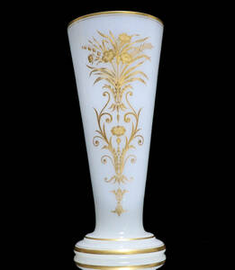 オールド・バカラ (BACCARAT) 最高級 純白 オパーリンクリスタル製 金彩 大型花瓶 30cm 壺 ゴールド アンティーク リリーベース 百合 レア 