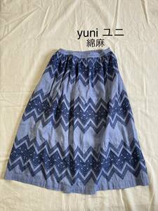 ★送料無料★yuni ユニ 刺繍スカート 綿100% ブルー系 日本製 裏地付き 手洗い可 