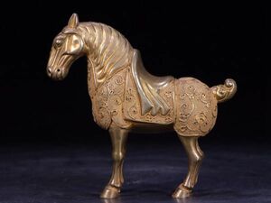【瓏】純銀鏨刻彫 塗金札珠駿馬擺件 時代物 古置物擺件 銀器 中国古賞物 蔵出