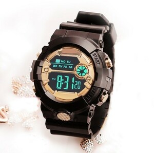 【腕時計】T34 男女兼用 デジタル 多機能 LED ブラックゴールド