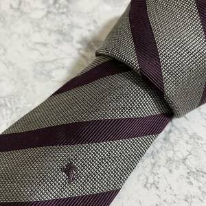 1円 1スタ 美品 BURBERRY BLACK LABEL バーバリーブラックレーベル ブランドネクタイ シルク 絹 ストライプ 柄 グレー 赤 ボルドー