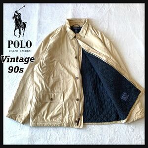 【希少】90s Polo Ralph Lauren OUTERWEAR ポロ ラルフローレン カバーオール ハンディングジャケット 中綿 チェック裏地 ロゴ刺繍 XXL