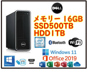 ★送料無料★スリムPC超高速 i7(3.9Gx8)/大容量SSD500GB+HDD1TB/メモリ16GB/Wi-Fi/BT/Win11/Office2019/HDMI/USB3.0/DELL INSPIRON3647