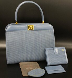 【行董】COMTESSE コンテス ハンドバッグ 小物付き 財布 コンパクトミラー カードケース ブルー 水色 ゴールド金具 AC761ABC52