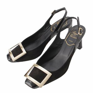 【ロジェヴィヴィエ】Roger Vivier パテント スクエアトゥ バックストラップ スエード パンプス ブラック 34 【中古】201219