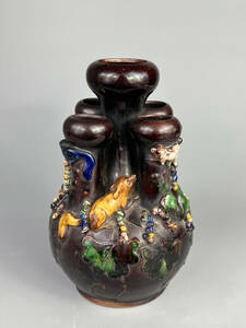 中国美術　清朝　清代　紫金釉栗鼠堆塑五孔瓶　大清康熙年製　款　唐物　古物保証　コレクター放出　
