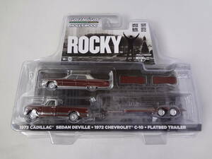 グリーンライト　GREENLIGHT　1/64　1973 CADILLAC SEDAN DEVILLE・1972 CHEVROLET C-10・FLATBED TRAILER　ROCKY　キャデラック　ロッキー