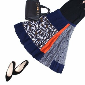 正規 美品 DIANE von FURSTENBERG ダイアンフォンファステンバーグ ■ 柄 切替 モダン シフォン フレアスカート 0 ネイビー 紺 オレンジ