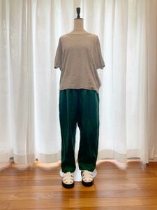 ハンドメイド・麻100％パンツ・グリーン・ウエストゴムではきやすい・ゆったりSサイズ・両サイドポケット付き・丈96ｃｍ