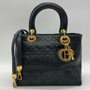 ω希少【ChristianDior クリスチャンディオール レディディオール ブラックラムレザー 2WAYハンドバッグ W24cm ラージ カナージュ】TK1973