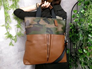 未使用●COACH コーチ●メンズ●FOLDOVER PRINT●カモフラ柄●PVC カーフ レザー 本革●2way ハンド トート バッグ●ブラウン●A4●Js45947