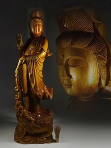 緑屋s■ 木彫　観音菩薩像 仏像　高約85.5cm　仏教美術　i9/4-6029/30-a#160