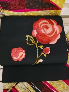 TSUMORI CHISATO ツモリチサト　名古屋帯　一重太鼓袋帯　てんとう虫　蝶　薔薇　刺繍　黒　化繊　洗える着物