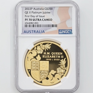 2022 オーストラリア エリザベス2世即位70周年記念 プラチナ・ジュビリー 200豪ドル 金貨 2オンス プルーフ NGC PF 70 UC FDOI 元箱付