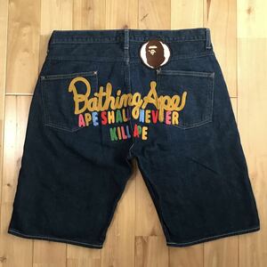 BAPE champion 刺繍 デニム ハーフパンツ Lサイズ a bathing ape BAPE head denim shorts エイプ ベイプ アベイシングエイプ ショーツ w7