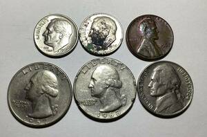 アメリカ アンティークコイン 1964 1967 1968 USA coin ルーズベルト ワシントン 1セント 5セント 10セント 25セント お金　まとめて