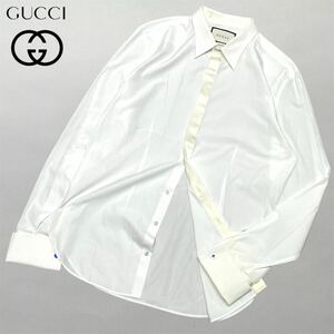 国内正規 GUCCI グッチ 長袖コットン placket silk L/S ドレス shirt カッターシャツ 前立て シルク100% ビジネス 43 ホワイト イタリア製
