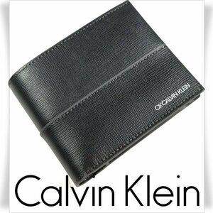 新品1円～★CK CALVIN KLEIN カルバンクライン メンズ 男性用 牛革レザー 二つ折り財布 ブランドロゴ 箱付き 黒 本物 ◆1328◆