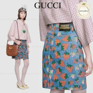 GUCCI☆グッチ☆2019SSコレクションモデル!! ストロベリープリントデニムスカート!!美品!!大人気モデル!!