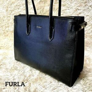 【FURLA/フルラ/極美品】トートバッグ【ピン/サッチェル/ビジネスバッグ/レザーバッグ/肩掛け/レザー/A4収納可能/ブラック/レディース】