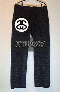 人気 STUSSY　ステューシー　タイガー カモ　黒 迷彩 ミリタリー メンズ　パンツ　メンズ ズボン W34サイズ　チノパン　黒 ブランド 品