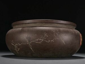 【瓏】紫砂彫 花鳥詩文筆洗 時代物 中国陶磁器 置物擺件 古賞物 中国古美術 蔵出