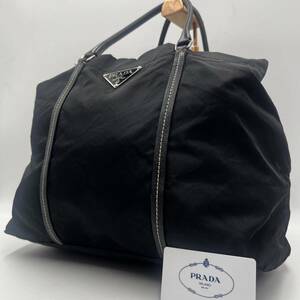 1円〜PRADA プラダ テスートナイロン トートバッグ ハンドバッグ 三角ロゴ トライアングルロゴ サフィアーノレザー A4 PC収納可能 ブラック