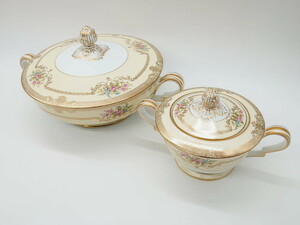 R-074113　オールドノリタケ　NORITAKE　金彩　チューリン&シュガーポット(花、フラワー、ボンボン入れ、小物入れ、蓋物、洋食器)