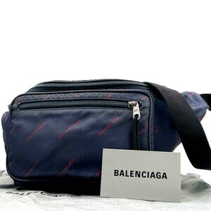 《美品》BALENCIAGA バレンシアガ メンズ エクスプローラー ロゴ総柄 クロスボディ ボディバッグ ウエストポーチ ナイロン ネイビー 保存袋