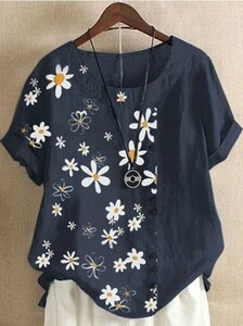 ZPT517☆★新品 カジュアル 綺麗の小花柄綿麻 チュニックゆったり大きいサイズ 普段着半袖ブラウスシャツ かわいい ネイビー