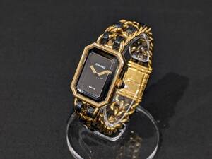 【47375】CHANEL シャネル プルミエール クオーツ QZ サイズM 黒文字盤 カットガラス ゴールドカラー 2針 稼動品 レディース 腕時計