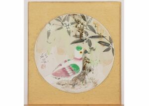 伊藤髟耳 色紙 彩色 「小手毬の下に鳩」 20.8×20.8cm 落款、印有 真作保証