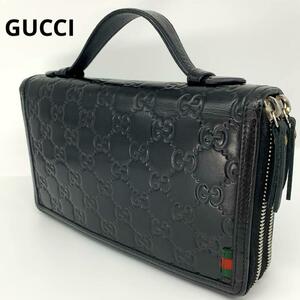 美品●GUCCI【オーガナイザー】財布 トラベルケース セカンドバッグ シマレザー シェリーライン GG 取手 ダブルファスナー ブラック グッチ