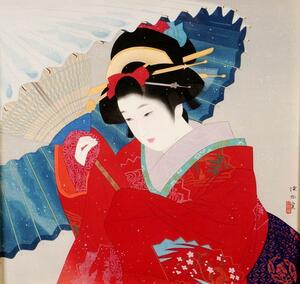 伊東深水『春雪』◆木版画◆監修シール、版上サイン有◆日本画巨匠！日本芸術院！額装