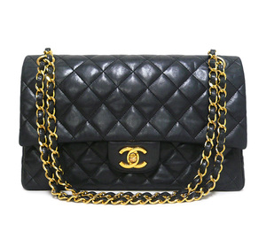 ◎CHANEL シャネル ラムスキン マトラッセ25 チェーンショルダーバッグ Wフラップ ブラック×ゴールド金具 ヴィンテージ A01112 ON5644