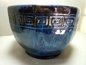 《金正堂》　海鼠45センチ丸彩釉流れ趣のブルー陶器火鉢　茶道具