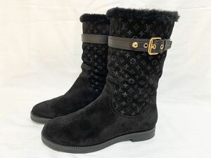 美品 ルイ ヴィトン LOUIS VUITTON モノグラム ミニ LV ゴールド金具 レザー ムートン スエード レザー ショート ブーツ 38 24.5～25cm 黒