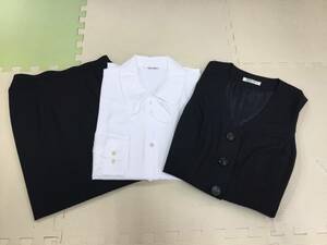 UNI-7 新品【UNIFORM】オフィスウェア 3点 サイズ 7号/ベスト/スカート/ブラウス /濃紺×ストライプ/事務服/OL/制服/オールシーズン