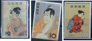 昔懐かしい切手 切手趣味週間 ビードロ1955/写楽1956/まりつき1957 3枚組b