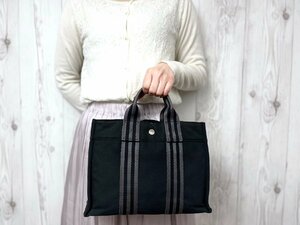 極美品 HERMES エルメス フールトゥPM トートバッグ ハンドバッグ バッグ キャンバス 黒×グレー 71033