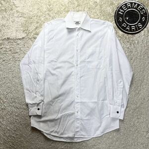 【最高級】 HERMES エルメス 銀ボタン メンズ コットン ポケット シャツ フランス製 ホワイト 15 1/2 L相当